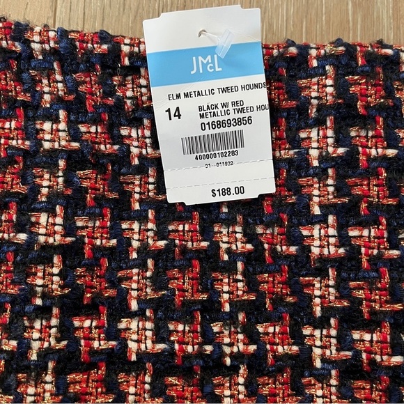 J McLaughlin Navy Blue Red Gold Metallic Houndstooth Tweed Pencil Skirt Sz14 *N8 - Picture 2 of 3